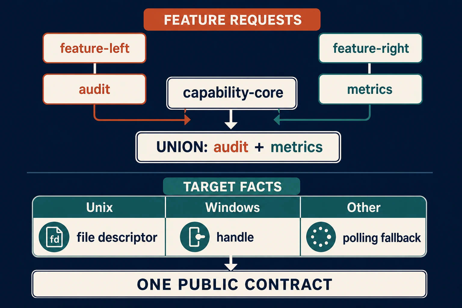 Two dependency paths enable audit and metrics on one capability-core node, where the features form an additive union; below it, a target matrix maps Unix, Windows, and other targets to file-descriptor, handle, and polling implementations while preserving one public capability contract.