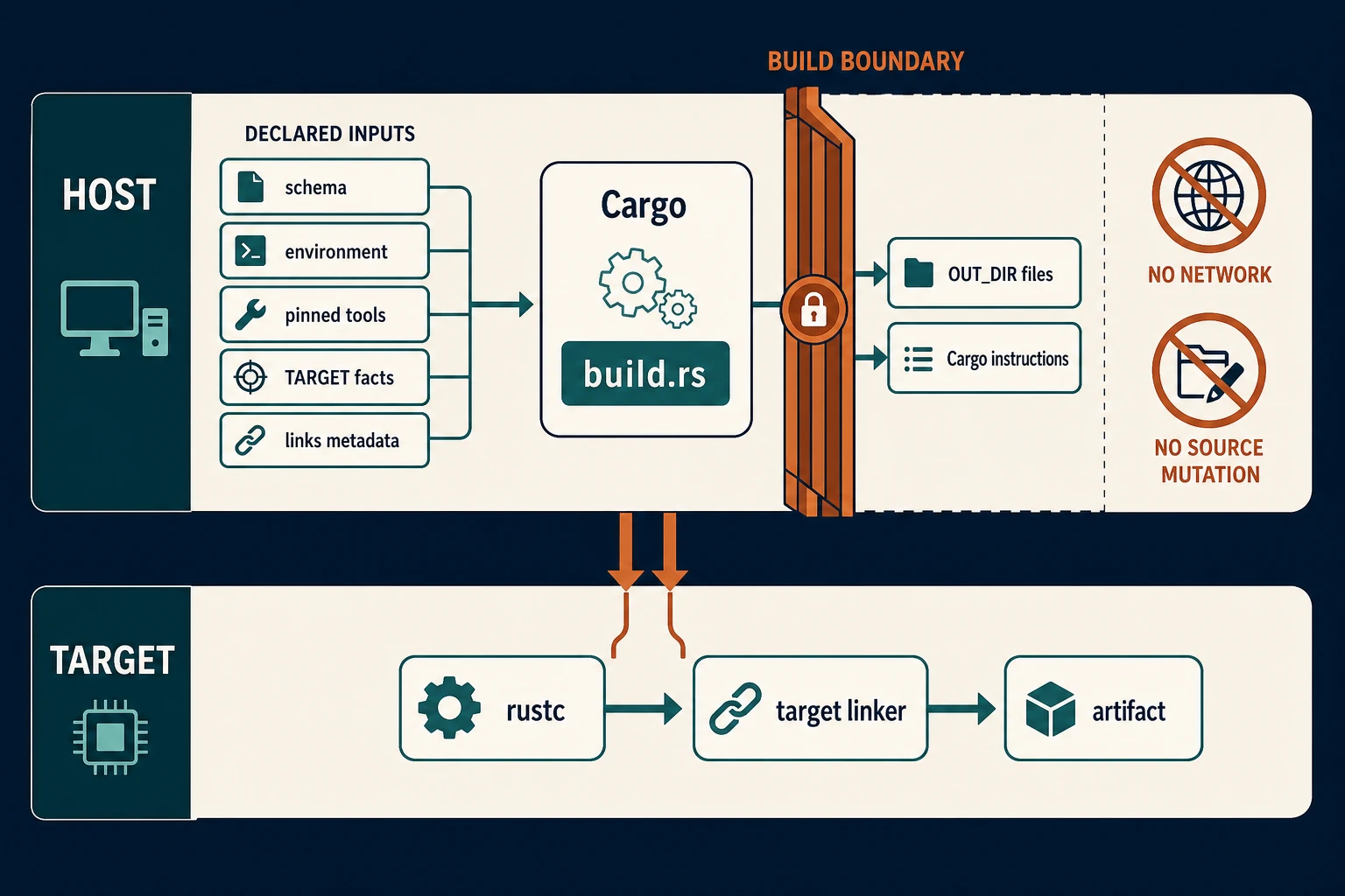 A split build graph shows Cargo on the host compiling and running build.rs with declared schema, environment, tools, target facts, and native metadata; only OUT_DIR files and ordered Cargo instructions cross into the target lane, where rustc and the target linker create the artifact. Network and source-tree mutation are blocked outside the boundary.