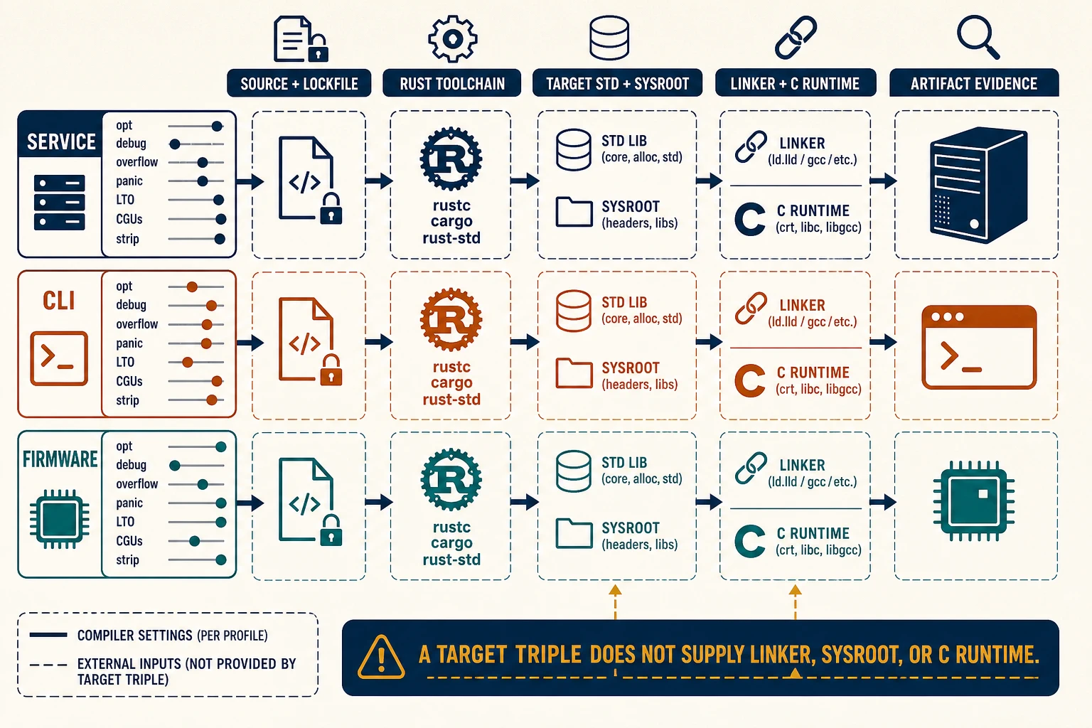Three product lanes compare service, CLI, and firmware profile controls, then pass the same reviewed source through Rust toolchain, target standard library and sysroot, linker and C runtime, and artifact-evidence layers. The target triple does not provide the external linker, sysroot, or C runtime.