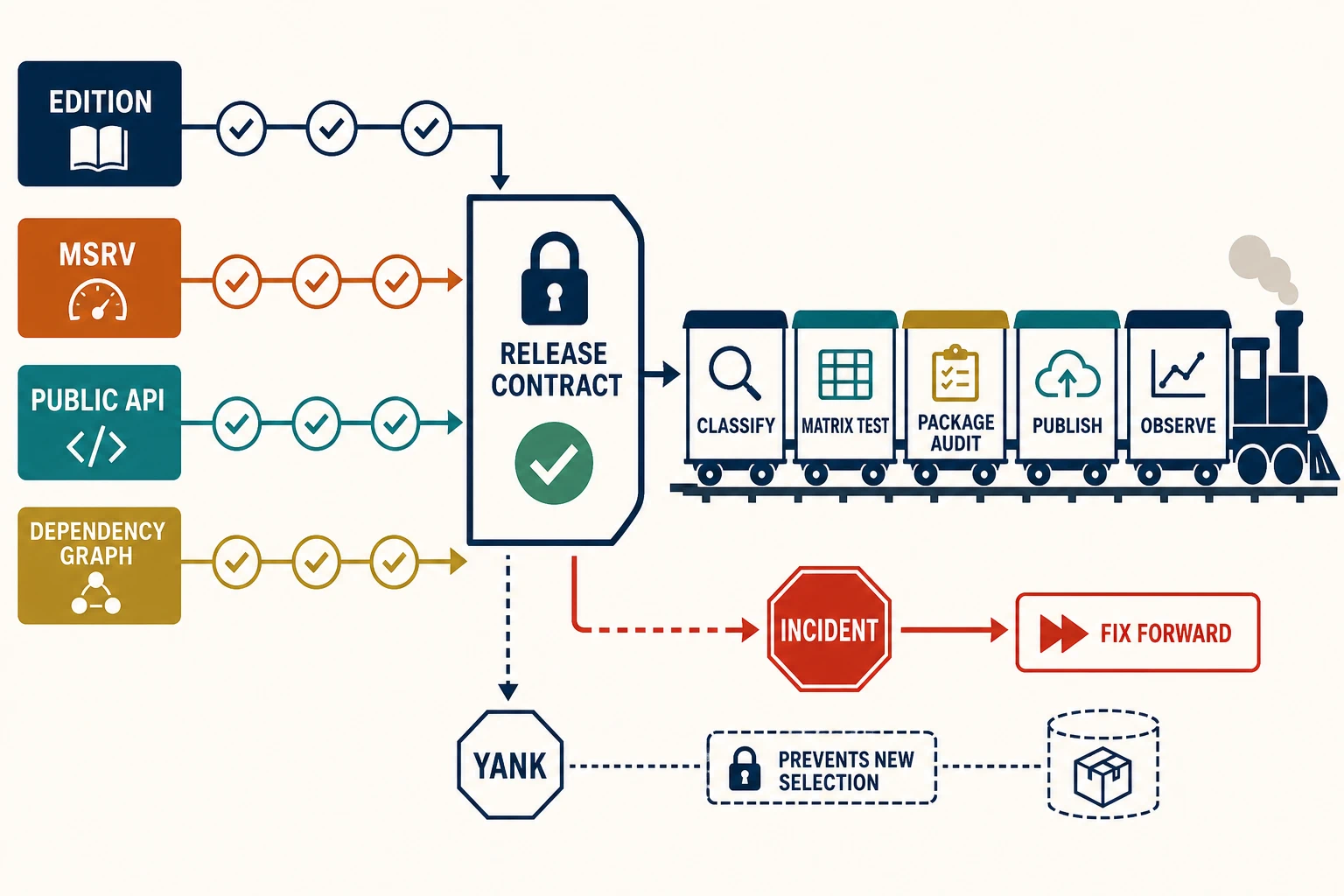 Four independent compatibility rails—edition, MSRV, public API, and dependency graph—must pass one release contract before classification, matrix testing, package audit, publication, and observation. An incident takes a fix-forward path; yanking prevents new selection but does not erase the package.