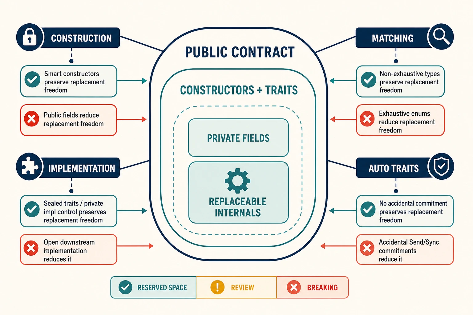 A stable public contract surrounds constructors and traits, private fields, and replaceable internals; construction, matching, implementation, and auto-trait gates show where evolution space is reserved or broken.
