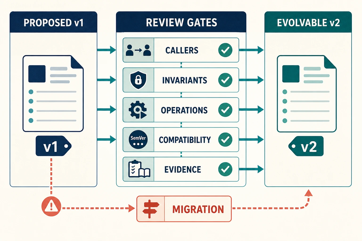 A compatibility review map carries a proposed v1 surface through caller, invariant, operation, compatibility, and evidence gates, while a deprecated route takes an explicit migration path toward an evolvable v2.