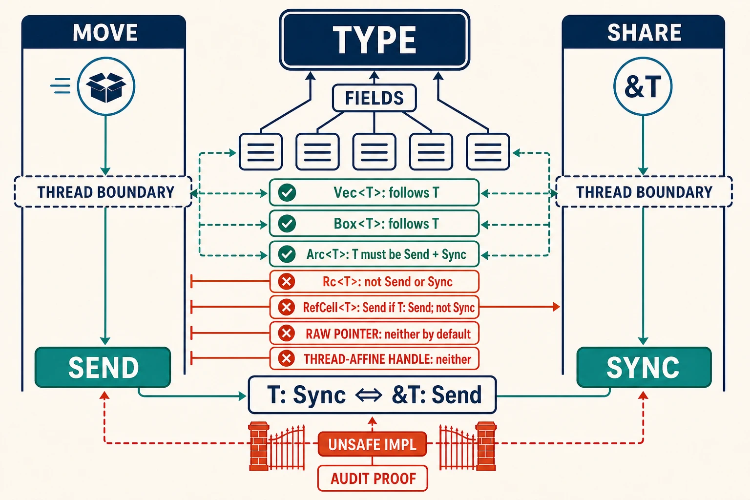 A two-lane auto-trait map distinguishes moving values with Send from sharing references with Sync, shows composition through fields, identifies common blockers, states the reference relationship, and puts unsafe implementations behind an audit-proof gate.