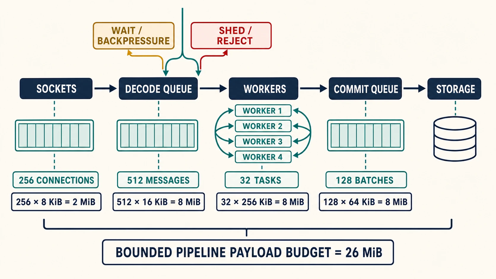 A generated bounded relay pipeline maps sockets through a decode queue, worker lanes, a commit queue, and storage. Each stage has explicit capacity and payload arithmetic; a full queue routes work to wait/backpressure or shed/reject, and the payload-only reservations total 26 MiB.