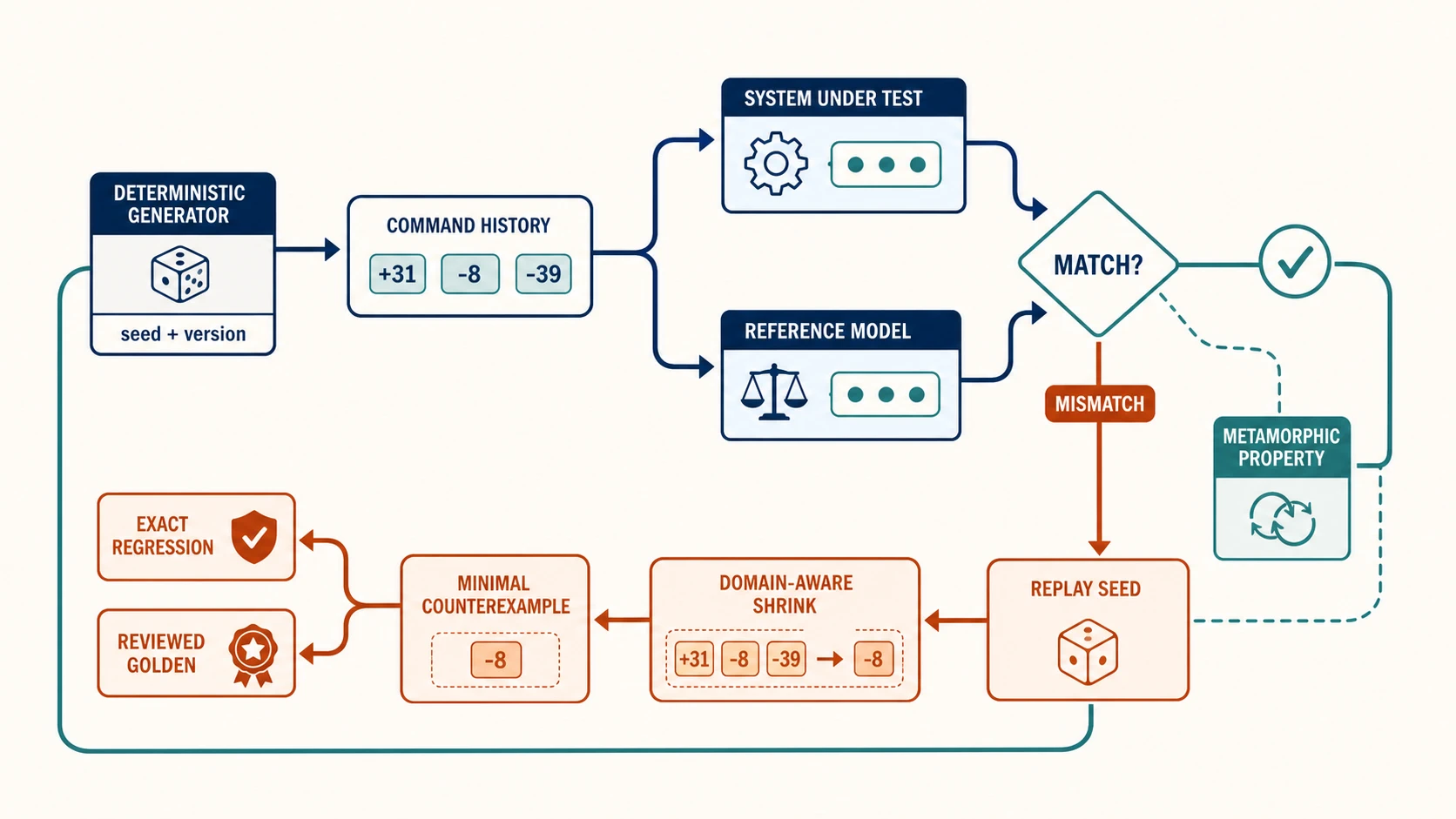 Generated values and command histories run through the system and an independent reference model. A mismatch is replayed, reduced with domain-aware shrinking, and promoted into an exact regression test or reviewed golden artifact.