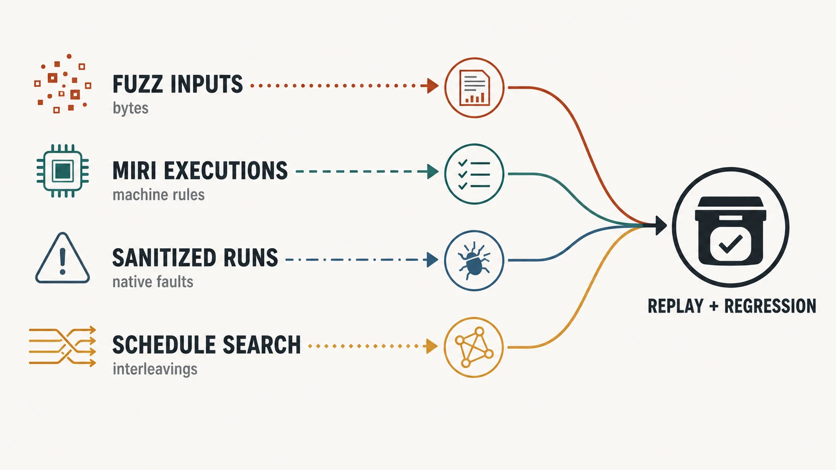 Four evidence lanes align fuzz-input mutation, Miri abstract-machine execution, sanitizer-instrumented native runs, and controlled schedule search with different defect classes. All four converge on replayable findings and deterministic regression evidence.