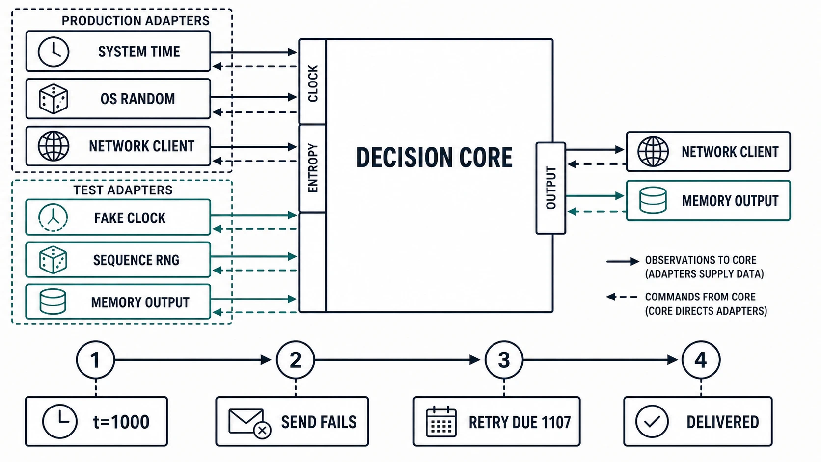 A deterministic decision core receives clock, entropy, and input observations and emits output commands. Production adapters use system time, operating-system randomness, and network clients; test adapters use a fake clock, sequence generator, and memory output. A lower timeline advances from time 1000 through a failed send to a retry due at 1107 and successful delivery.