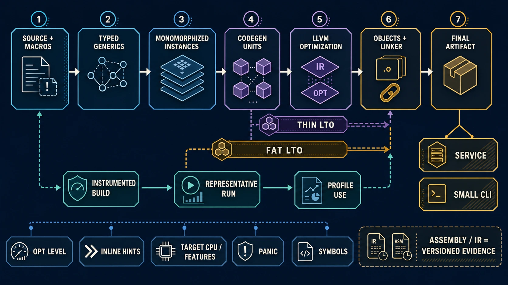A seven-stage Rust build pipeline moves from source and macros through typed generics, monomorphized instances, codegen units, LLVM optimization, object files and linking, and the final artifact. Thin and fat LTO widen visibility across later stages. A separate PGO lane runs an instrumented build on a representative workload and feeds profile data back into linking. Optimization level, inline hints, target CPU features, panic strategy, and symbols are artifact inputs; the output branches to a service and a small CLI.
