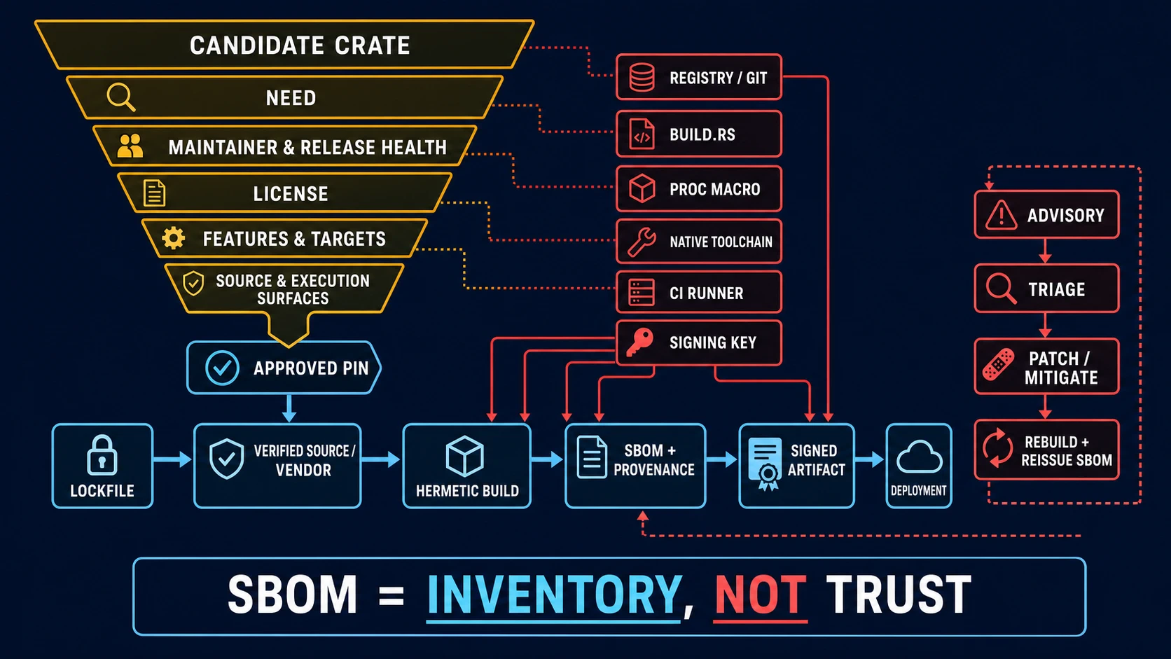 Dependency-governance lifecycle. A candidate crate narrows through need, maintainer and release health, license, features and targets, and source and execution-surface review to an approved pin. The release lane then joins a lockfile, verified source or vendor tree, isolated build, SBOM and provenance, signed artifact, deployment, and an advisory loop through triage, mitigation, rebuild, and reissued inventory. Red side paths mark registry or Git acquisition, build scripts, procedural macros, native toolchains, CI runners, and signing keys as distinct privileged surfaces.