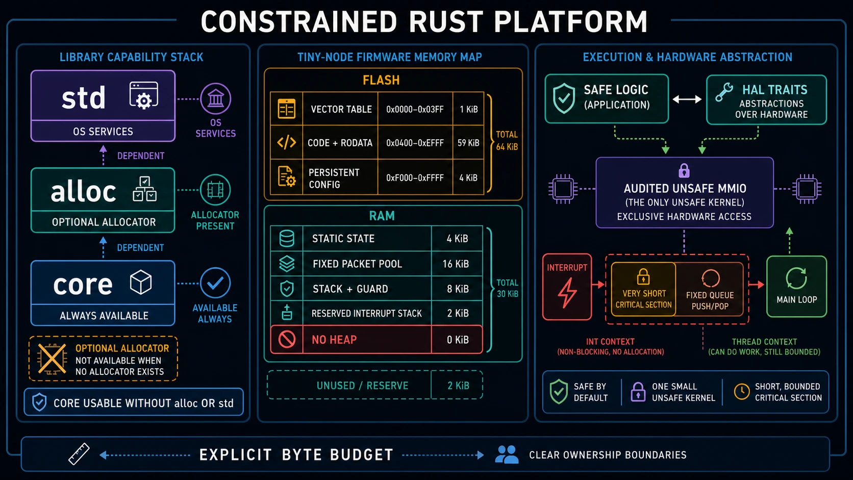 Constrained Rust platform map. The left lane distinguishes core as always available, alloc as dependent on an allocator, and std as dependent on operating-system services. The center lane allocates tiny-node's 64 KiB flash and 32 KiB RAM across vectors, code, persistent configuration, static state, fixed packet storage, stacks, and reserve with no heap. The right lane routes a short interrupt through a bounded critical section and fixed queue to the main loop while safe logic and HAL traits surround one audited unsafe MMIO authority.