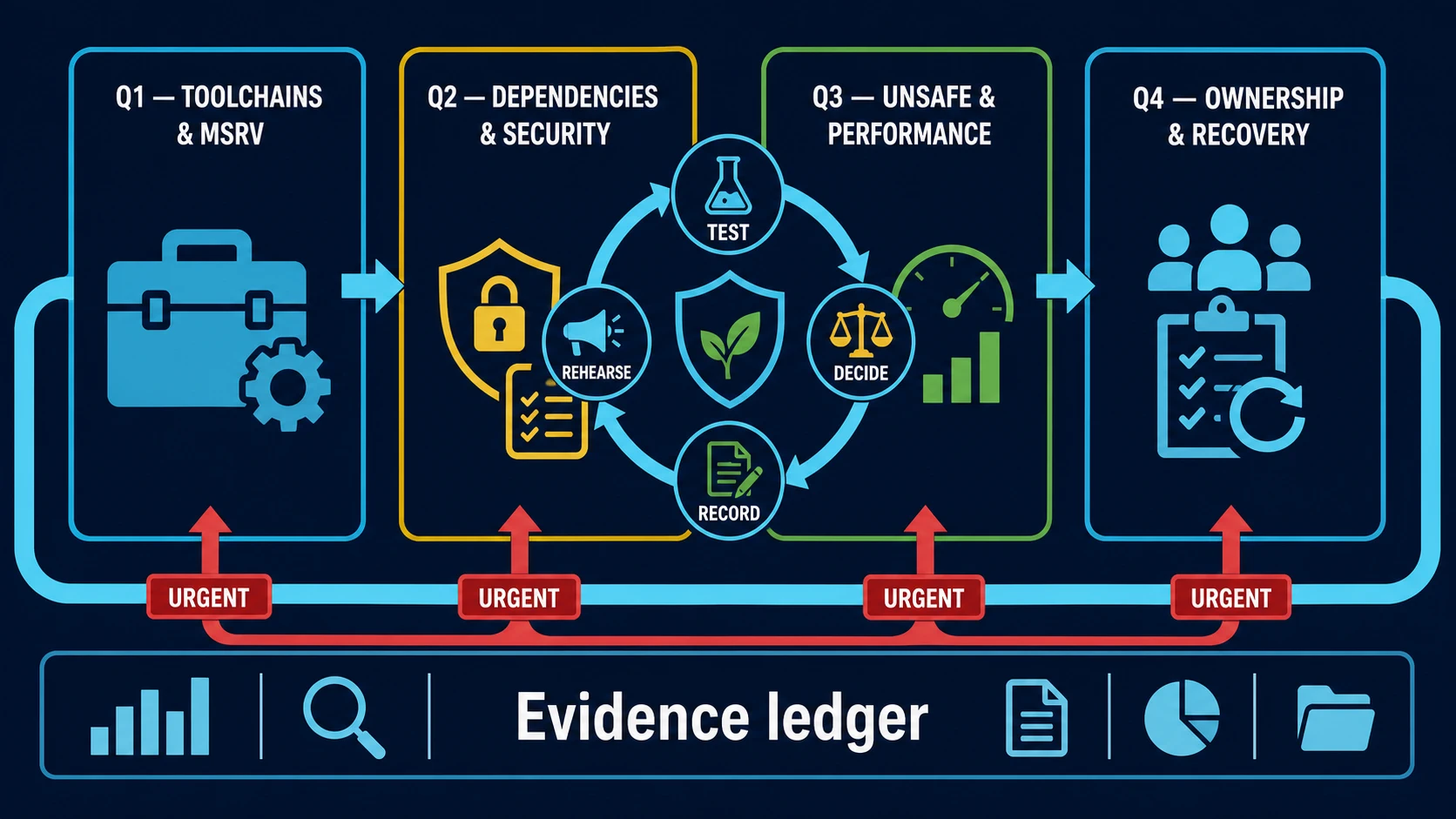 An annual maintenance calendar routes quarterly toolchain, dependency, unsafe, performance, ownership, and recovery work through a repeating test, decide, record, and rehearse loop. Urgent advisories and incidents can enter during any quarter, while a compatibility and evidence ledger persists beneath every scheduled and event-driven change.