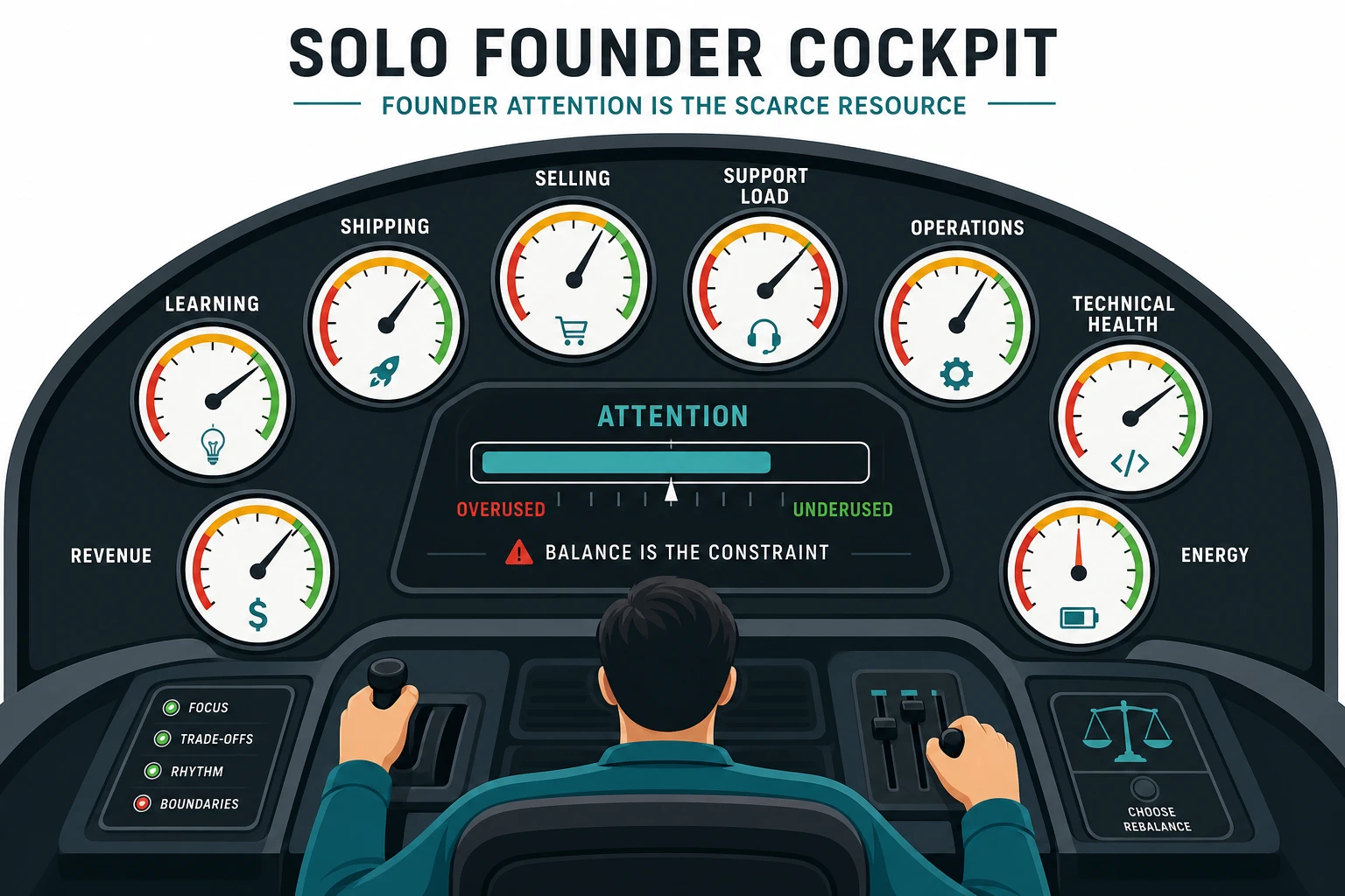 A solo founder cockpit shows gauges for learning, shipping, selling, support load, operations, technical health, revenue, and energy, with attention as the central constrained resource.