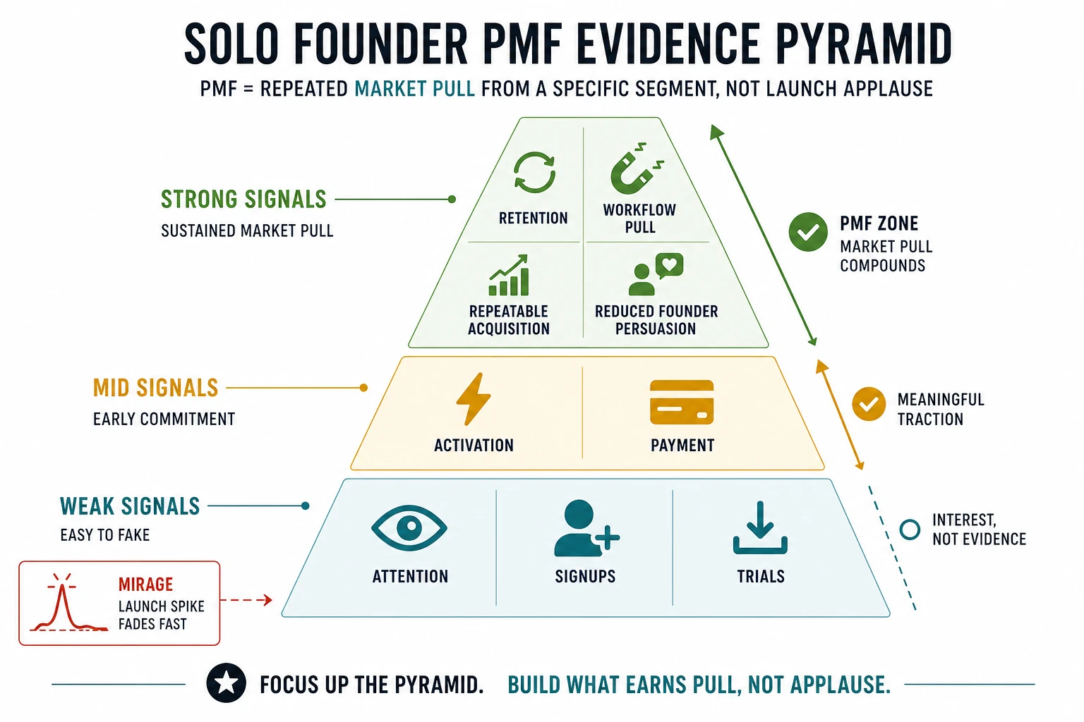 A Solo Founder PMF Evidence Pyramid places attention, signups, and trials at the weak-signal base; activation and payment in the middle; and retention, workflow pull, repeatable acquisition, and reduced founder persuasion at the top.