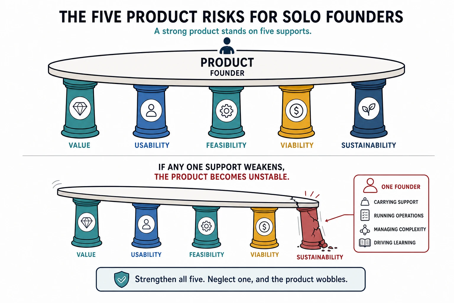 Five supports labeled Value, Usability, Feasibility, Viability, and Sustainability hold up a product platform. A second platform wobbles when the Sustainability support cracks under one founder carrying support, operations, complexity, and learning.