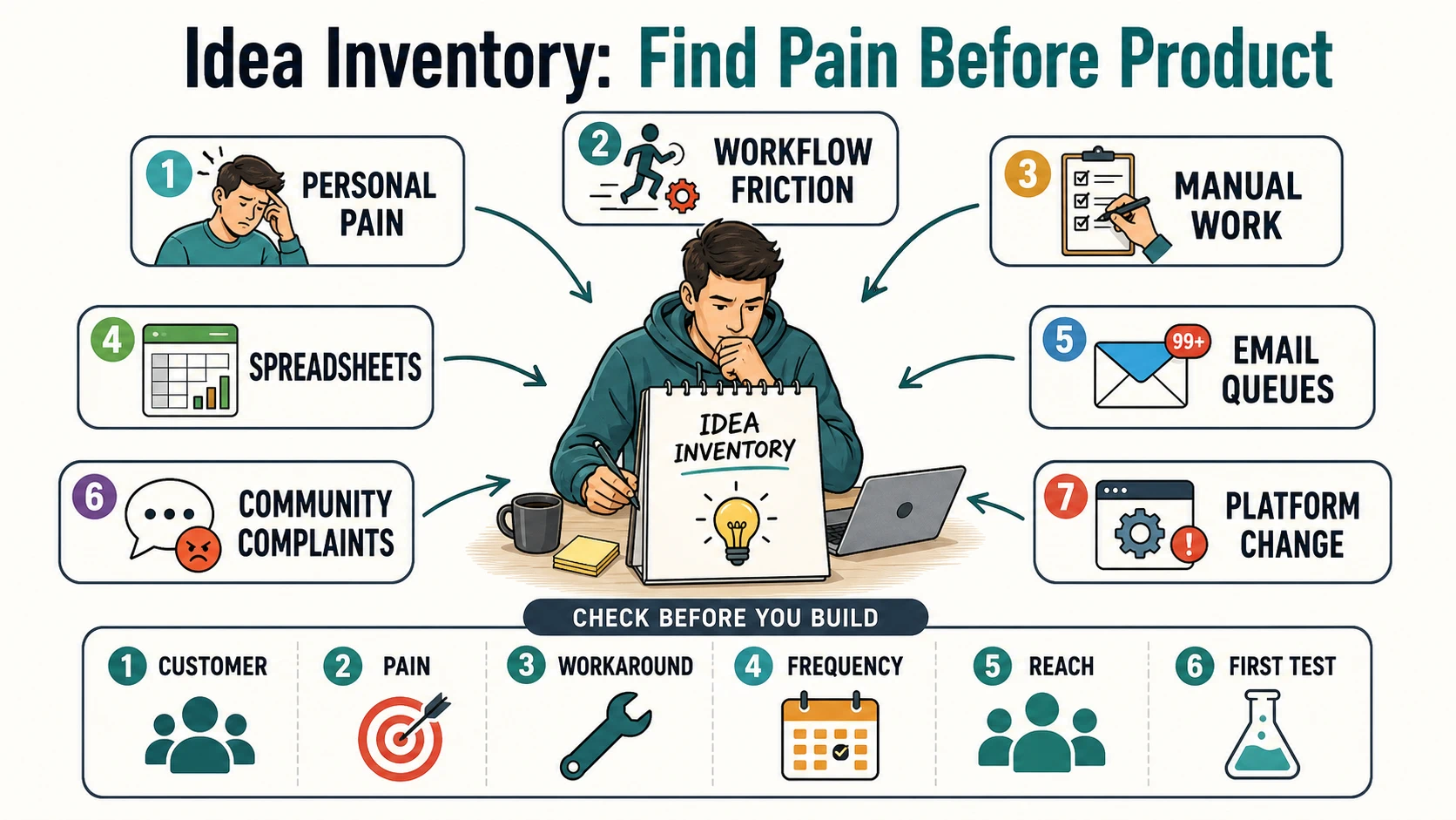An idea inventory diagram shows a founder collecting pain from personal pain, workflow friction, manual work, spreadsheets, email queues, community complaints, and platform change, then checking customer, pain, workaround, frequency, reach, and first test before building.