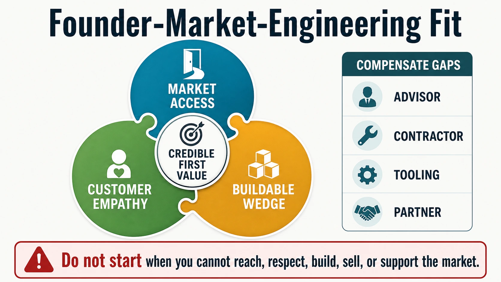 A founder-market-engineering fit diagram shows market access, customer empathy, and buildable wedge meeting at credible first value, with a side panel for compensating gaps through advisors, contractors, tooling, and partners.