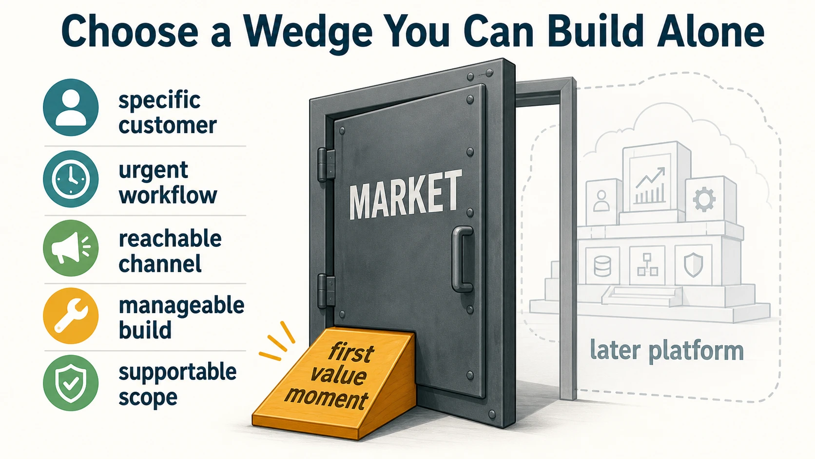 A wedge labeled first value moment opens a heavy market door. The wedge is supported by specific customer, urgent workflow, reachable channel, manageable build, and supportable scope, with a larger later platform visible beyond the door.