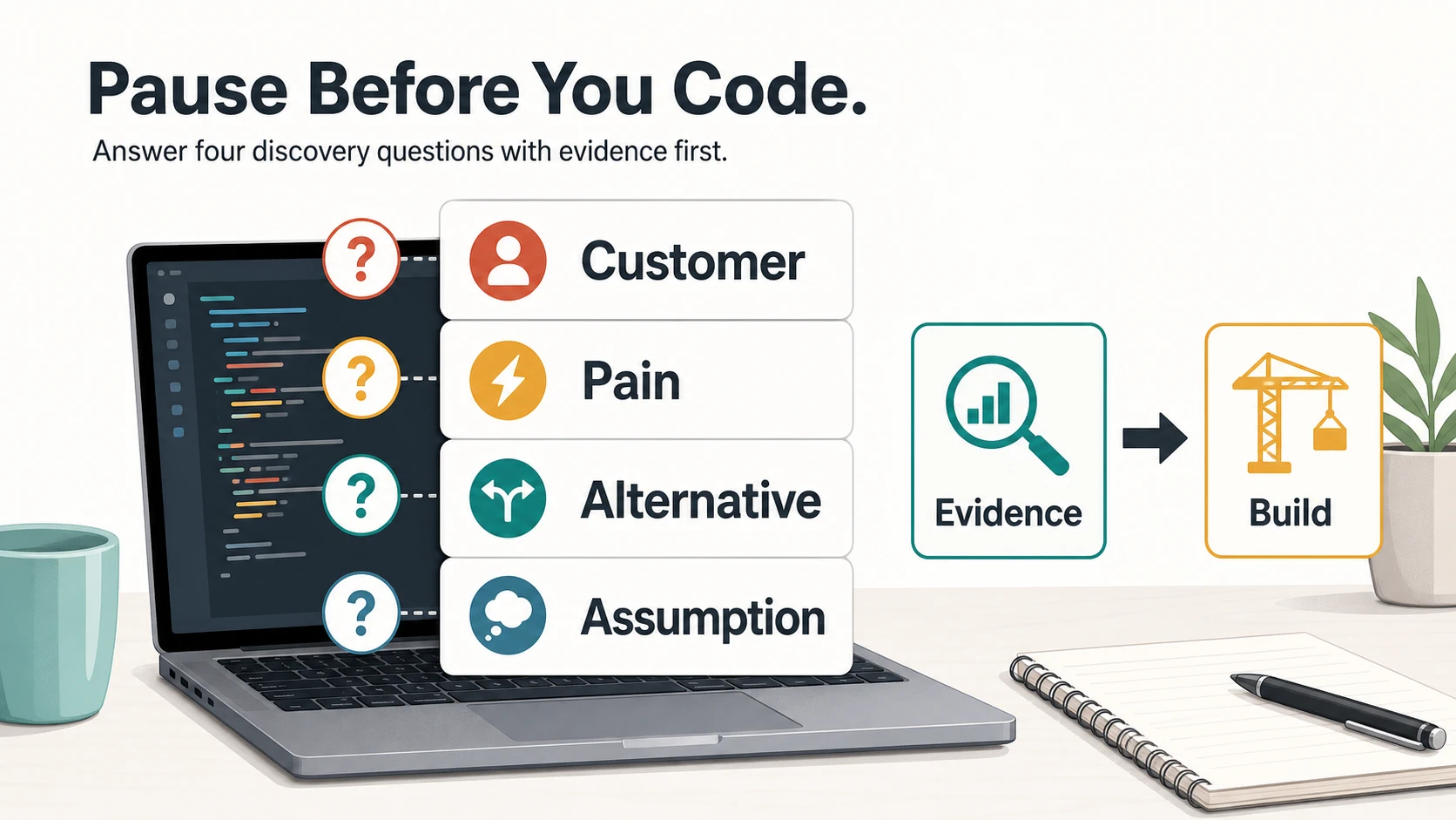 A laptop with code is blocked by four discovery cards labeled customer, pain, alternative, and assumption before an arrow from evidence to build.