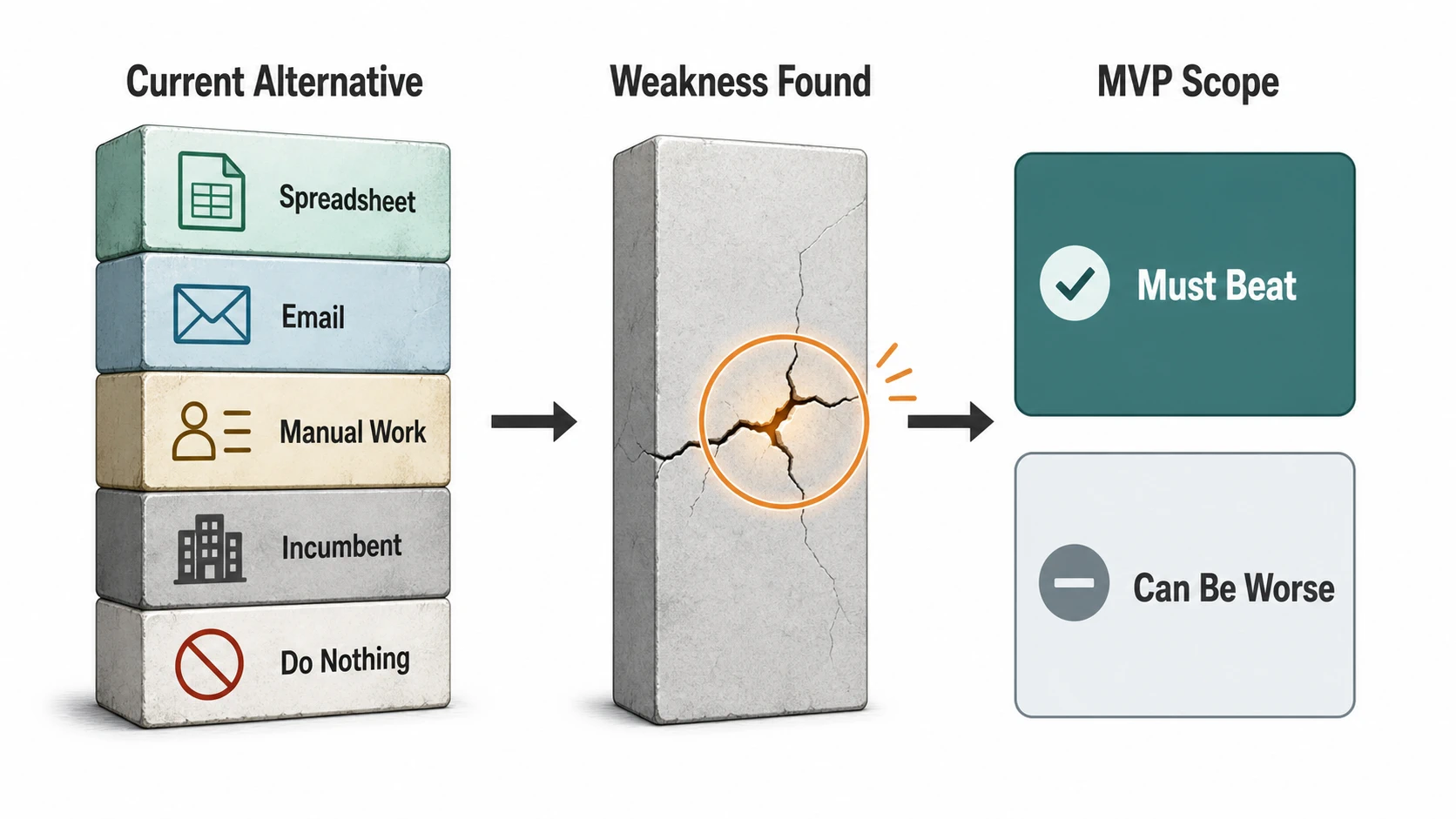 A current alternative stack of spreadsheet, email, manual work, incumbent, and do nothing points to one weakness, which then becomes an MVP scope with must-beat and can-be-worse blocks.