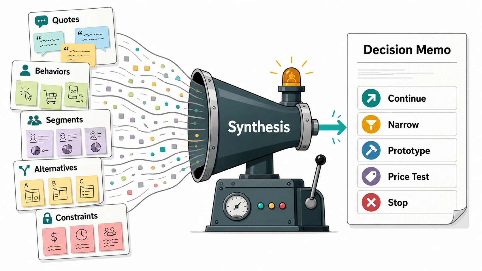 Evidence cards for quotes, behaviors, segments, alternatives, and constraints pass through a synthesis funnel into a decision memo with options to continue, narrow, prototype, price test, or stop.