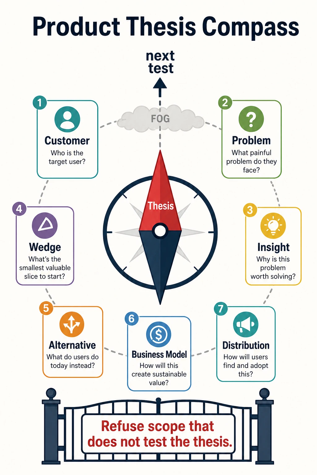 A product thesis compass points toward the next test through customer, problem, insight, wedge, alternative, business model, and distribution cards, with a gate that refuses scope not testing the thesis.