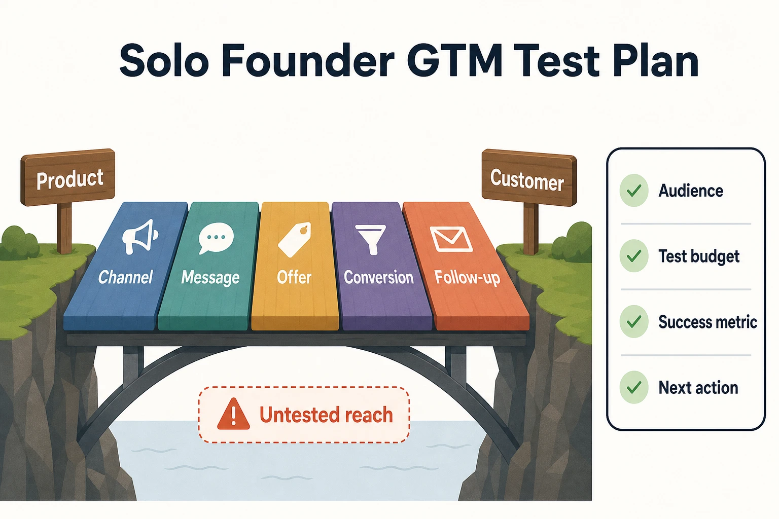 A bridge from product to customer is built from planks labeled channel, message, offer, conversion, and follow-up, with untested reach below and a checklist for audience, test budget, success metric, and next action.