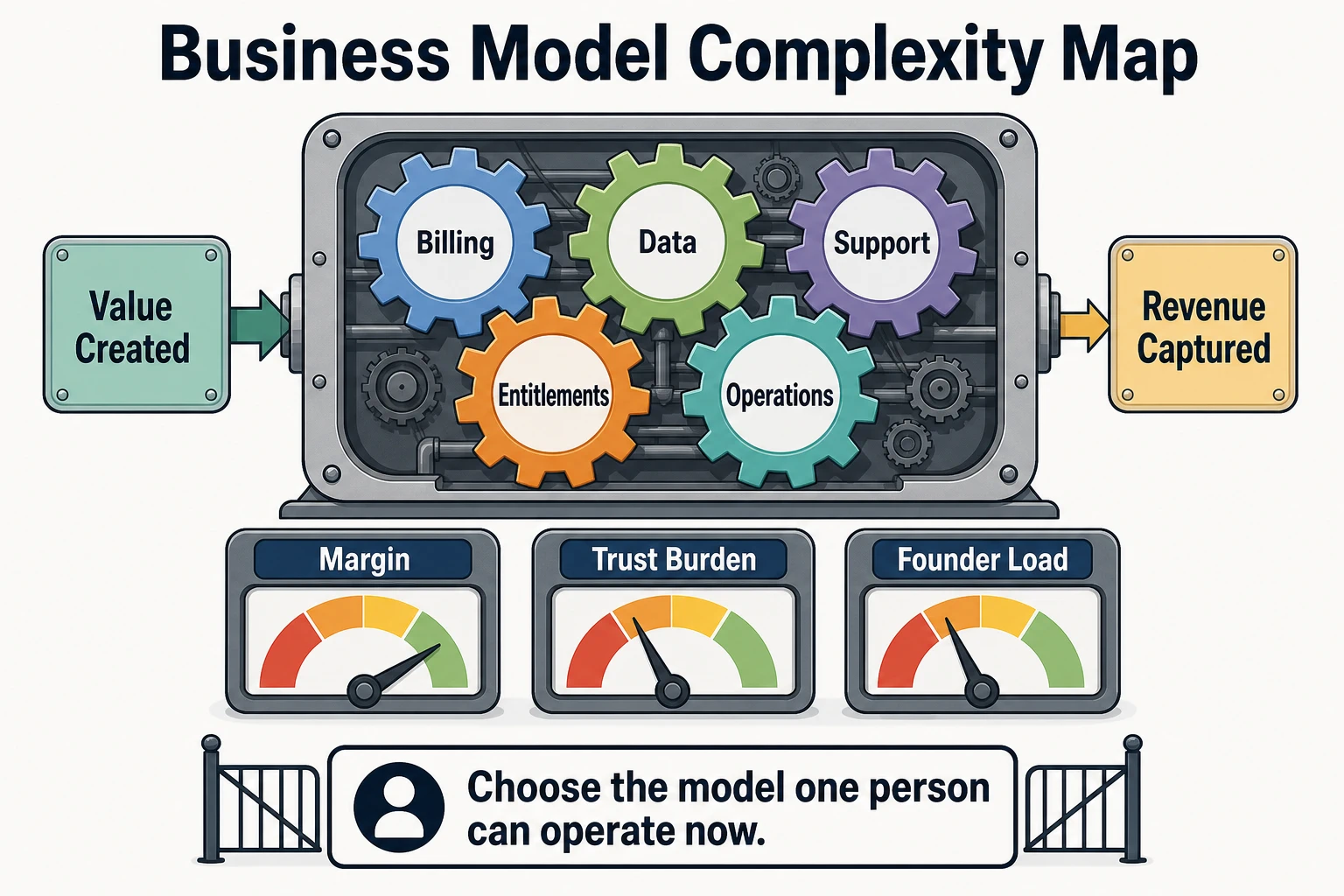A business model machine turns value created into revenue captured through gears for billing, data, support, entitlements, and operations, with meters for margin, trust burden, and founder load.