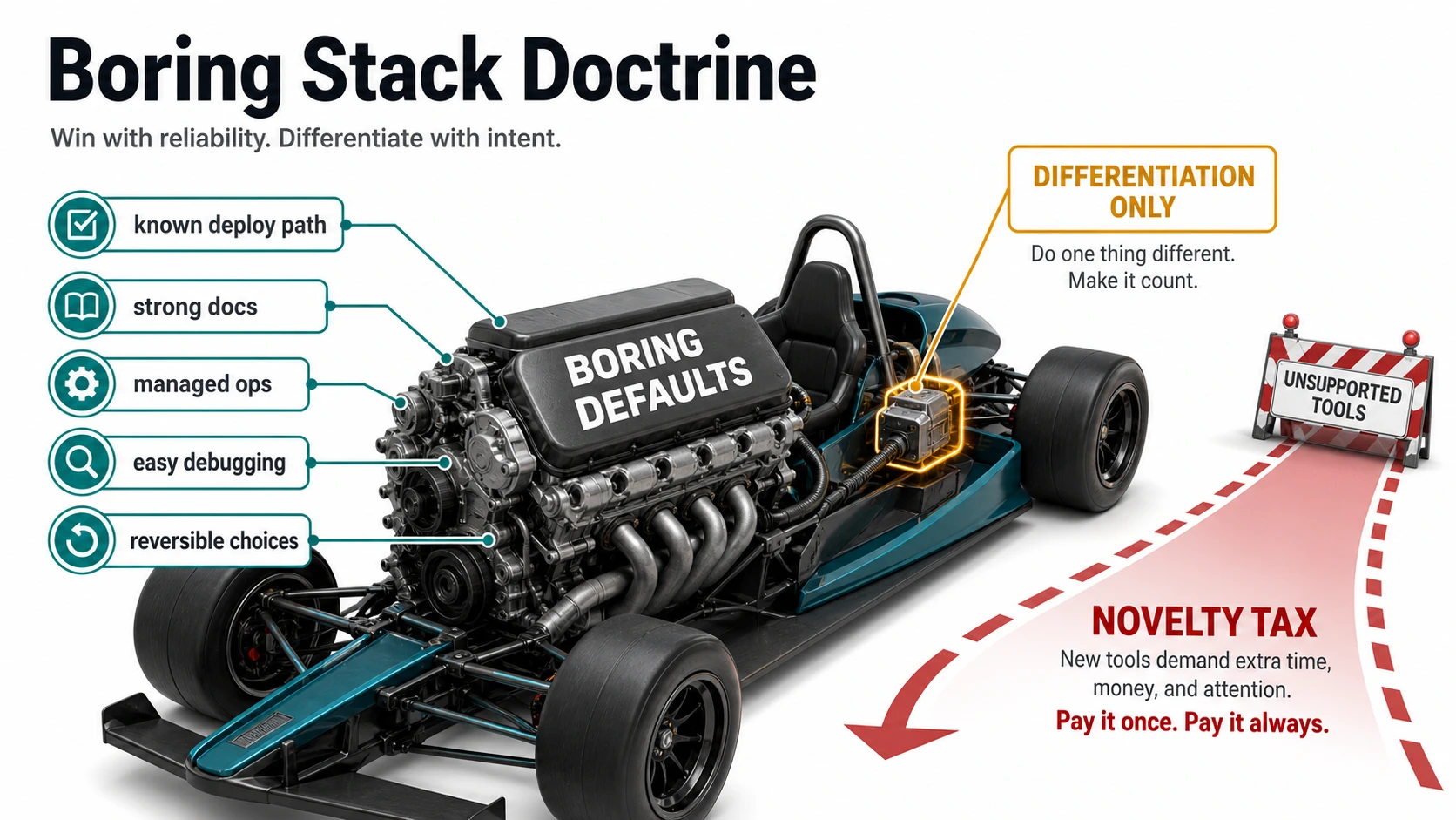A race car uses a large reliable engine labeled boring defaults with checks for known deploy path, strong docs, managed operations, easy debugging, and reversible choices. One small experimental component is labeled differentiation only, while a side road warns about novelty tax and unsupported tools.