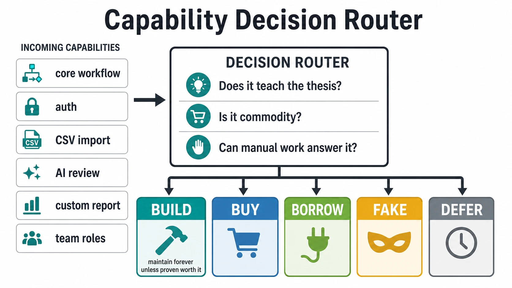Incoming product capabilities flow into a decision router that asks whether the capability teaches the thesis, whether it is commodity, and whether manual work can answer it. The router sorts work into build, buy, borrow, fake, and defer bins.