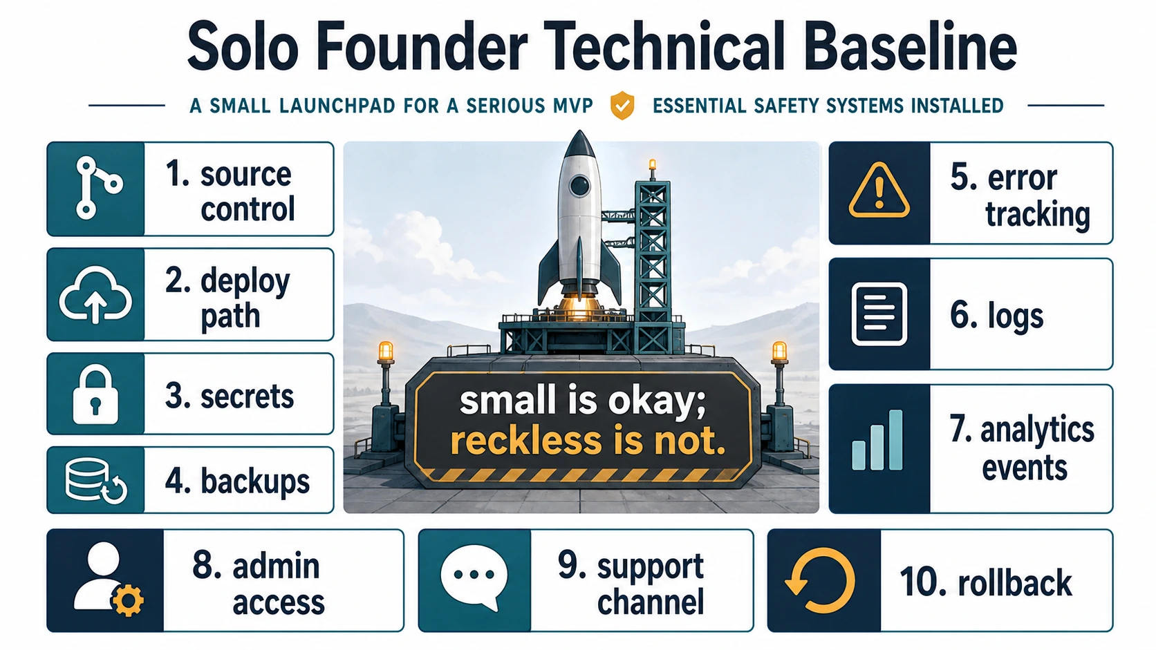 A small MVP launchpad is surrounded by ten essential safety-system tiles: source control, deploy path, secrets, backups, error tracking, logs, analytics events, admin access, support channel, and rollback. The center says small is okay; reckless is not.