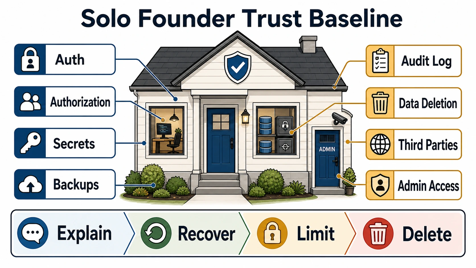 A product house shows a solo founder trust baseline: authentication, authorization, secrets, backups, audit log, data deletion, third parties, and admin access, with a bottom sequence of explain, recover, limit, and delete.