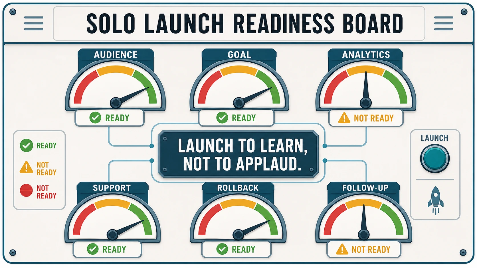 A Solo Launch Readiness Board with gauges for audience, goal, analytics, support, rollback, and follow-up, centered on the reminder to launch to learn, not to applaud.