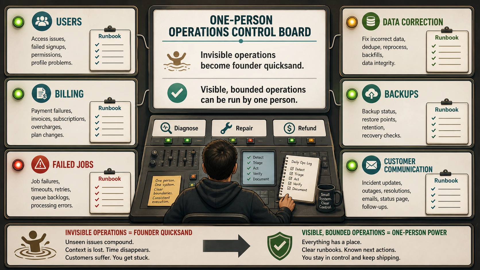 A one-person operations control board with panels for users, billing, failed jobs, data correction, backups, customer communication, and runbooks.