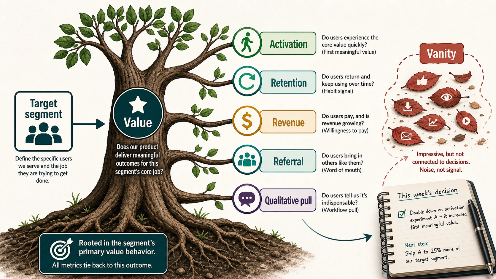 A pre-product-market-fit metrics tree rooted in target segment and value, branching to activation, retention, revenue, referrals, and qualitative pull, with vanity metrics separated as noise.