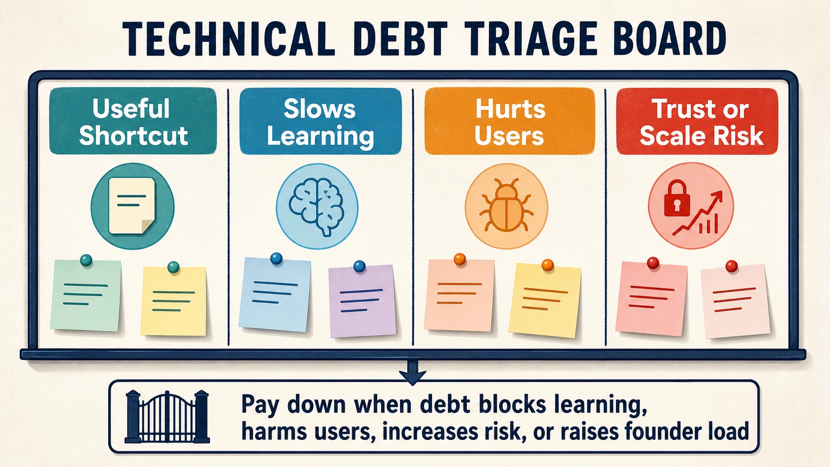 A technical debt triage board with lanes for useful shortcut, slows learning, hurts users, and trust or scale risk, ending in a rule to pay down debt when it blocks learning, harms users, increases risk, or raises founder load.