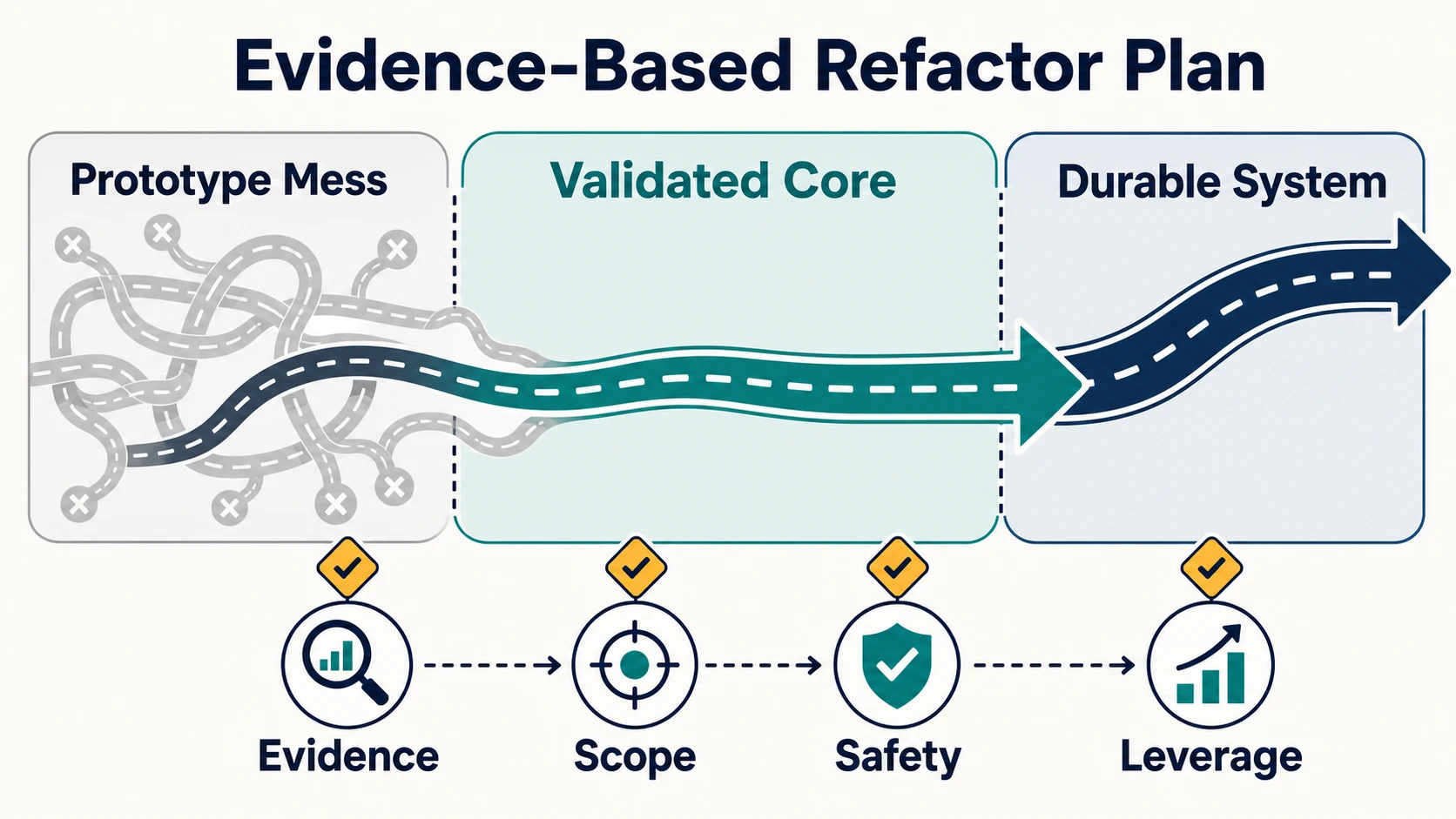 An evidence-based refactor plan showing a messy prototype path narrowing into a validated core workflow and then becoming a durable system, with checkpoints for evidence, scope, safety, and leverage.