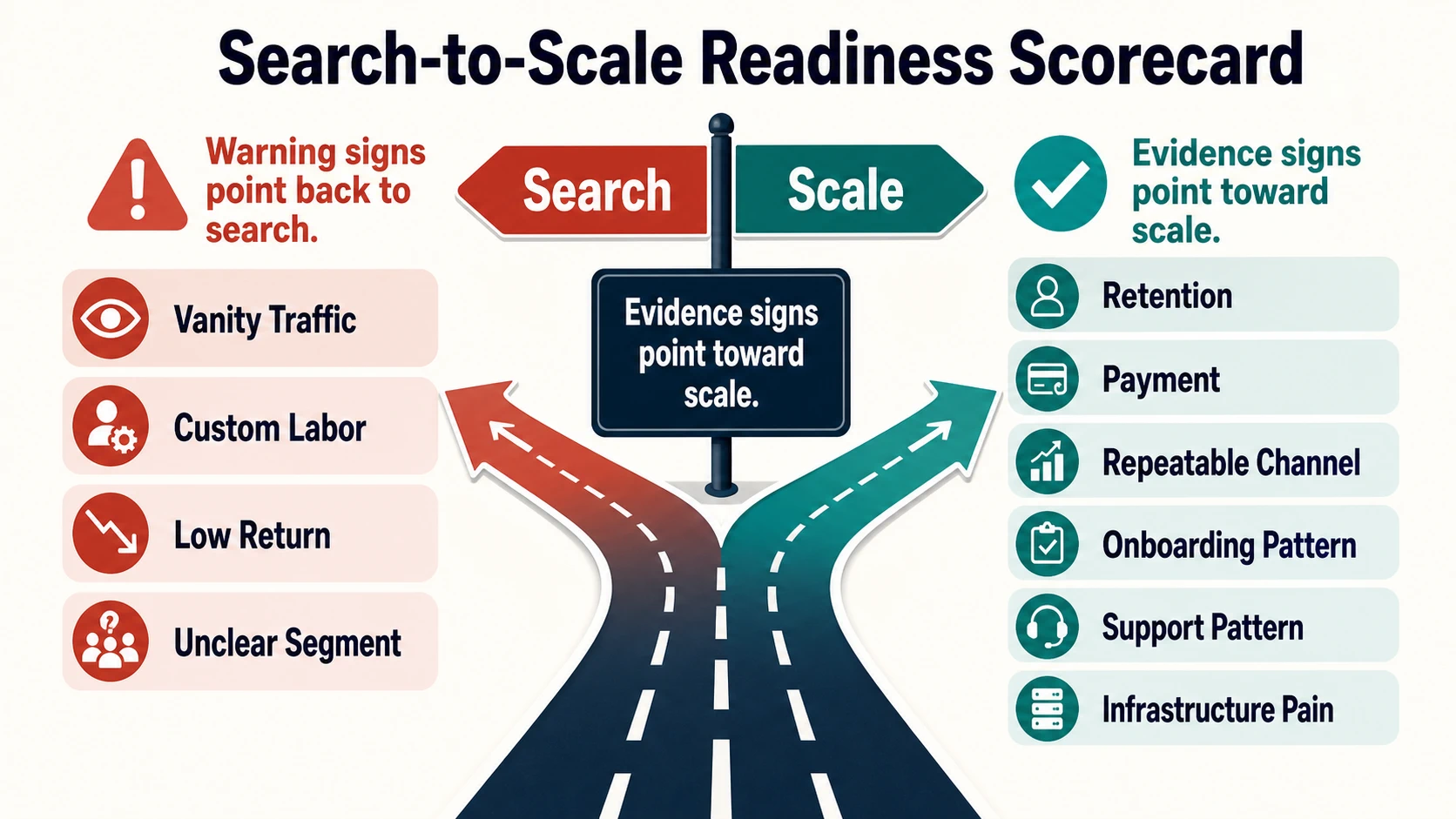 A search-to-scale readiness scorecard with a fork between search and scale, warning signs such as vanity traffic and unclear segment, and evidence signs such as retention, payment, repeatable channel, onboarding pattern, support pattern, and infrastructure pain.