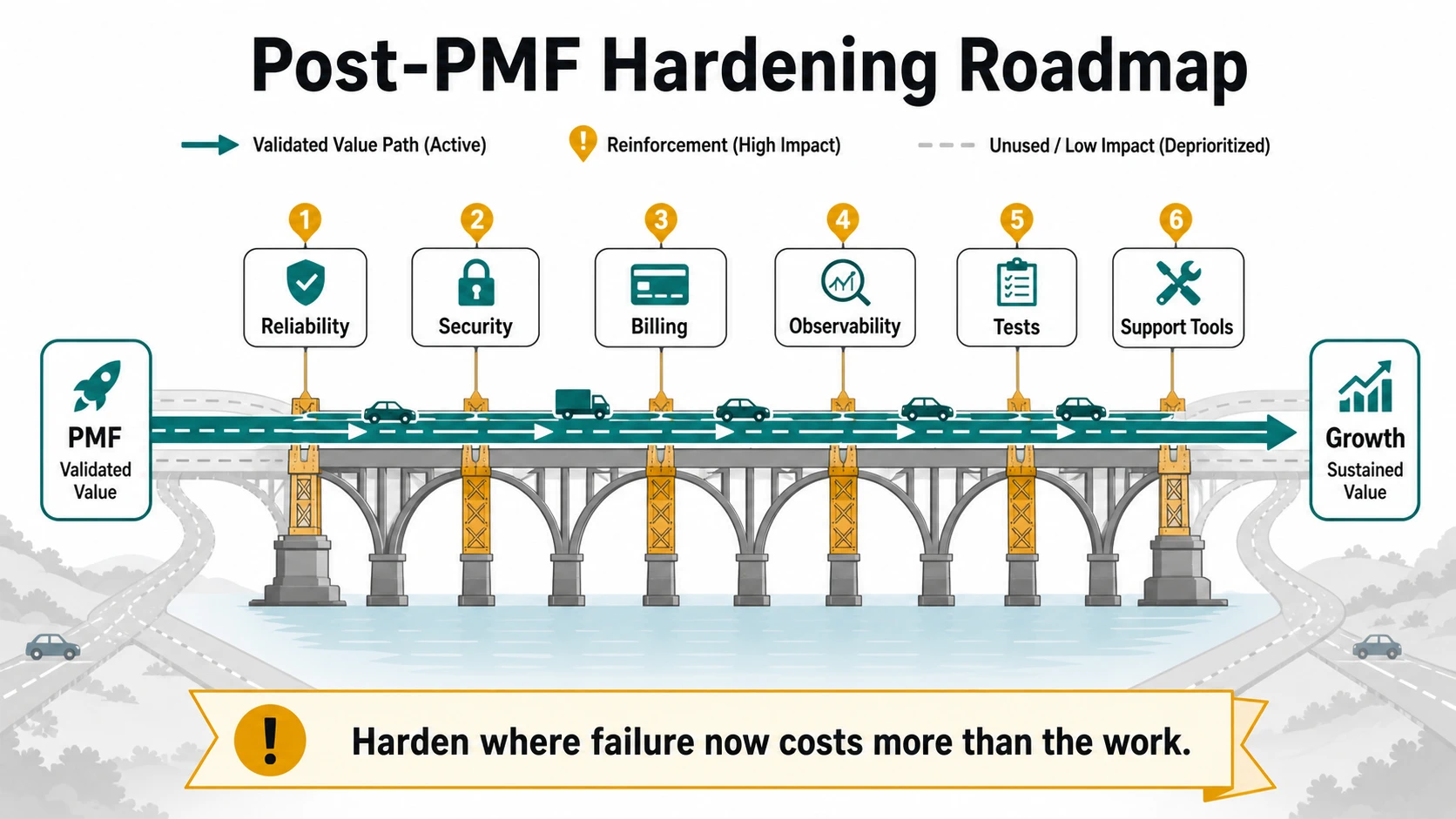 A post-PMF hardening roadmap showing active product traffic over a bridge with reinforcement stations for reliability, security, billing, observability, tests, and support tools while low-impact paths are deprioritized.