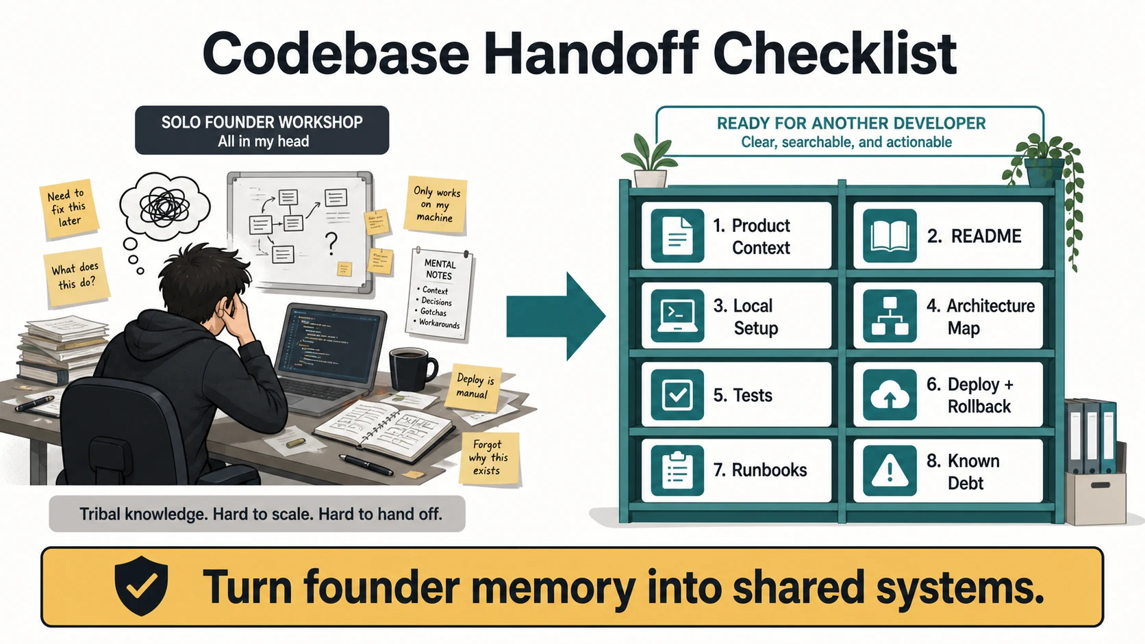 A codebase handoff checklist showing a messy solo workshop being reorganized into labeled shelves for product context, README, local setup, architecture map, tests, deploy and rollback, runbooks, and known debt.