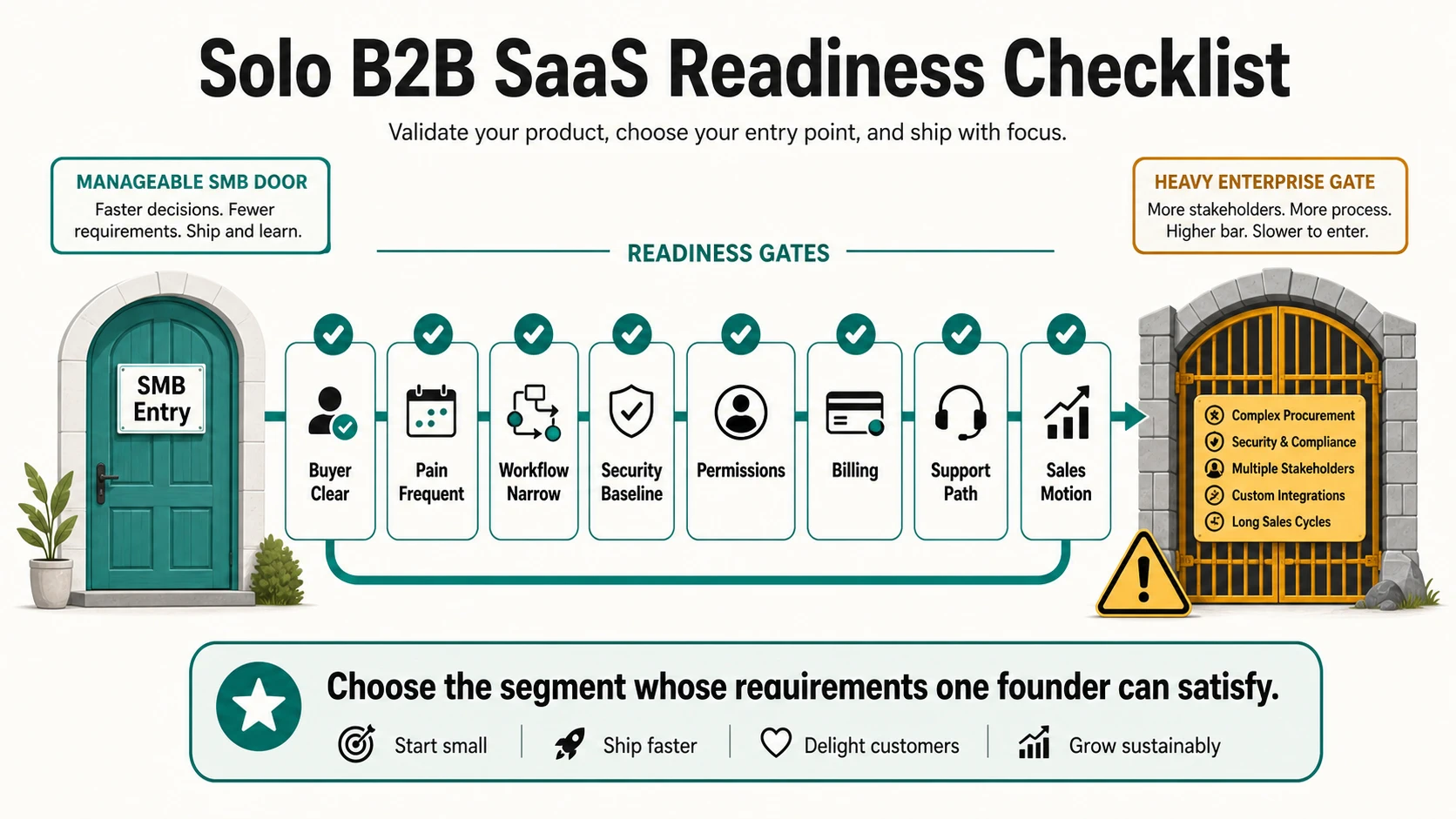 A solo B2B SaaS readiness checklist showing gates for buyer clarity, frequent pain, narrow workflow, security baseline, permissions, billing, support path, and sales motion between a manageable SMB entry and a heavy enterprise gate.