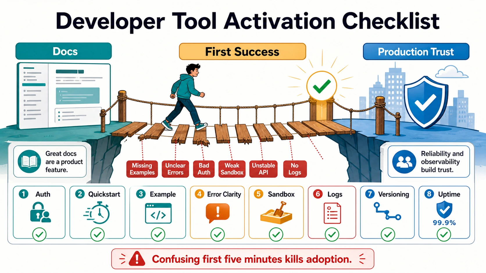 A Developer Tool Activation Checklist showing a developer crossing from docs to first success and production trust, with checks for auth, quickstart, example, error clarity, sandbox, logs, versioning, and uptime. Broken planks include missing examples, unclear errors, bad auth, weak sandbox, unstable API, and no logs.