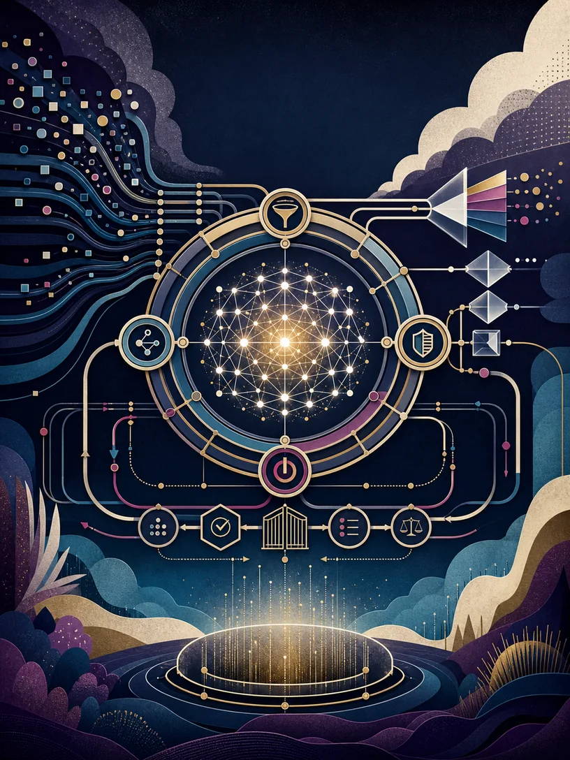 A luminous AI constellation held within evaluation, governance, tool, feedback, and human-control rings.
