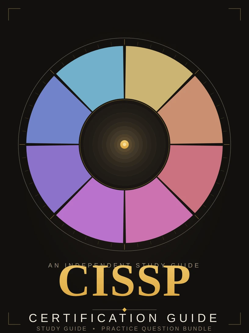 An eight-domain emblem wheel of eight exact colored sectors around concentric defense-in-depth rings and a golden core, beneath the title CISSP Certification Guide.