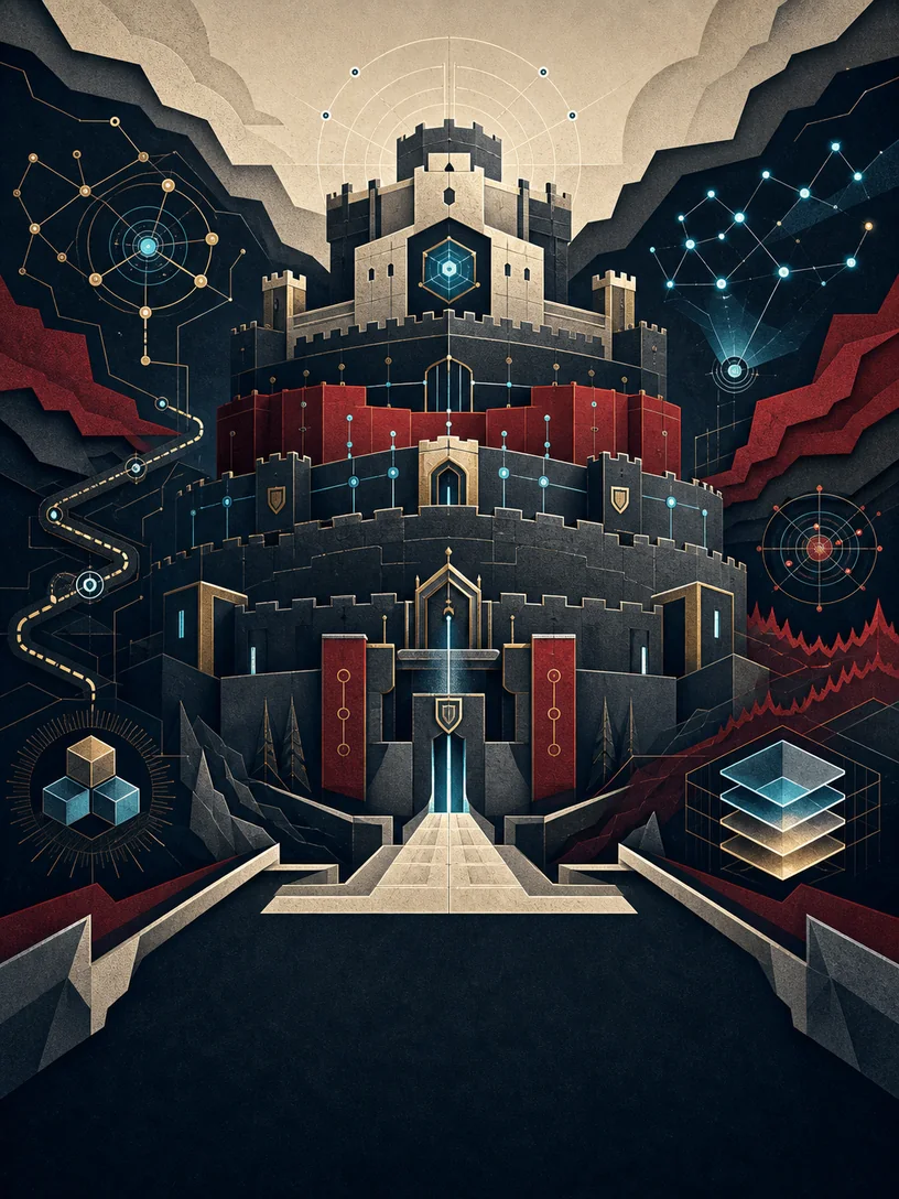 A layered security citadel surrounded by trust boundaries, detection paths, controls, and recovery systems.
