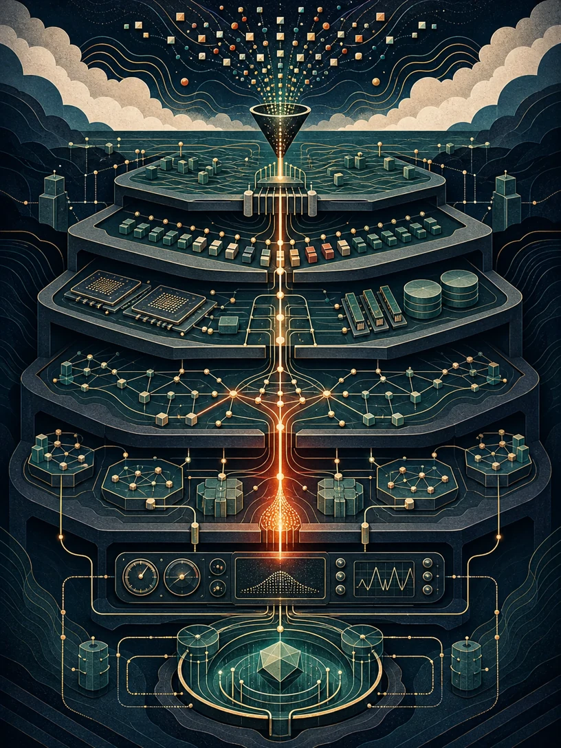 A layered performance observatory tracing workload through queues, machine resources, distributed paths, telemetry, and bounded feedback loops.