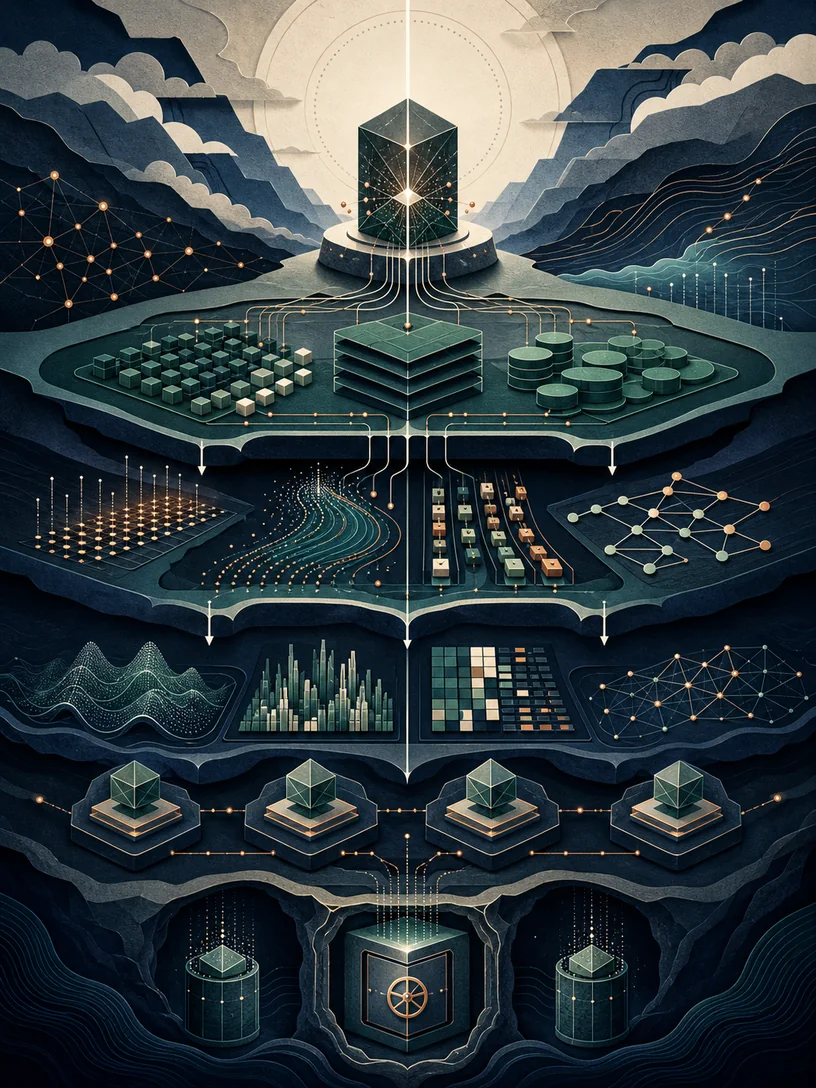 A layered production data landscape connecting durable facts, storage, streams, analytics, and recovery.
