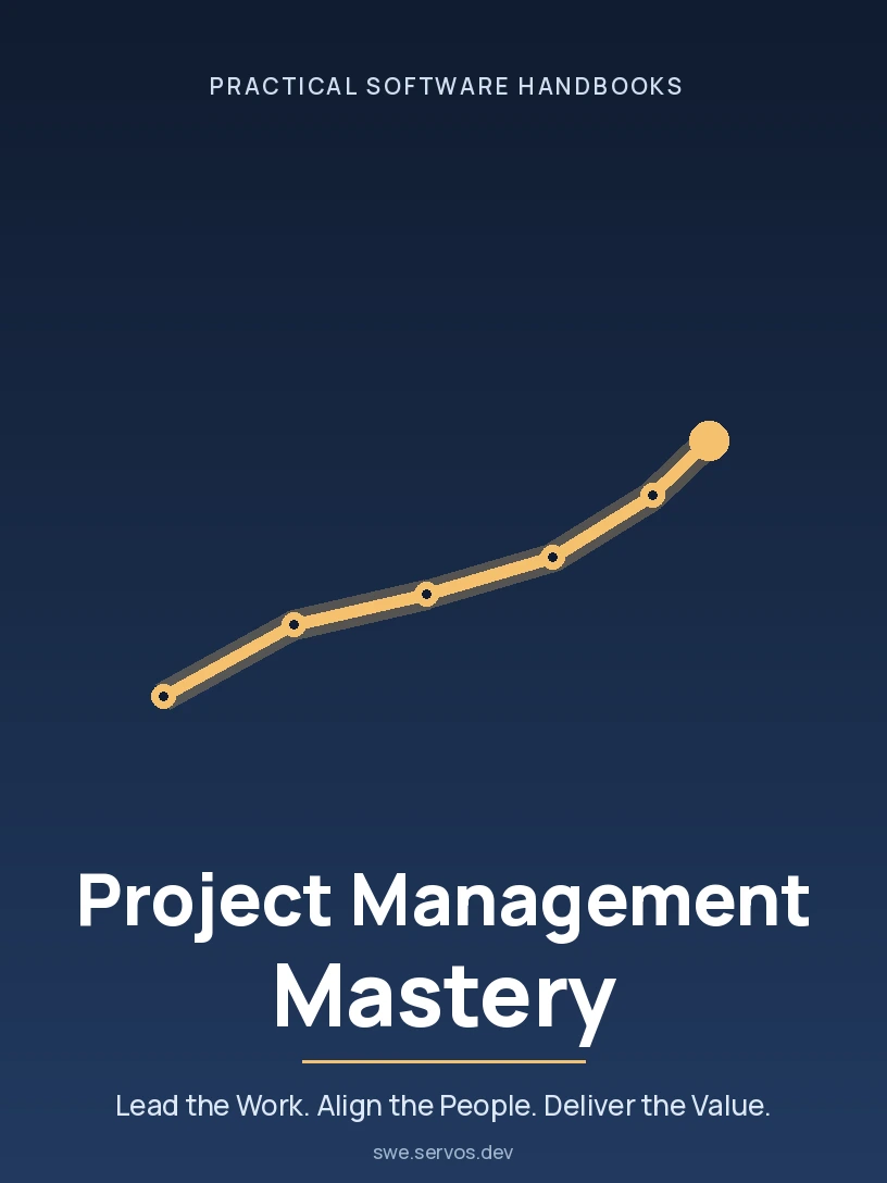 An ascending gold route from intent to impact with milestone nodes and a faint mastery loop, on deep navy, beneath the title Project Management Mastery.