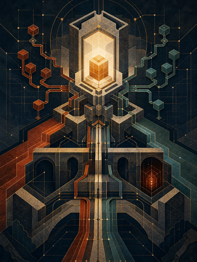 A precision-forged systems bridge whose interlocking paths represent ownership, borrowing, types, concurrency, and safe boundaries.