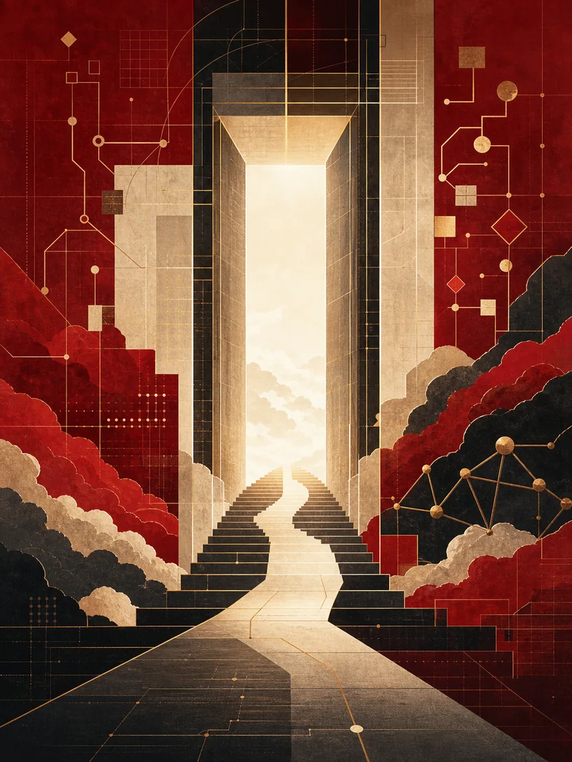 A luminous architectural doorway and rising path surrounded by system-design geometry.
