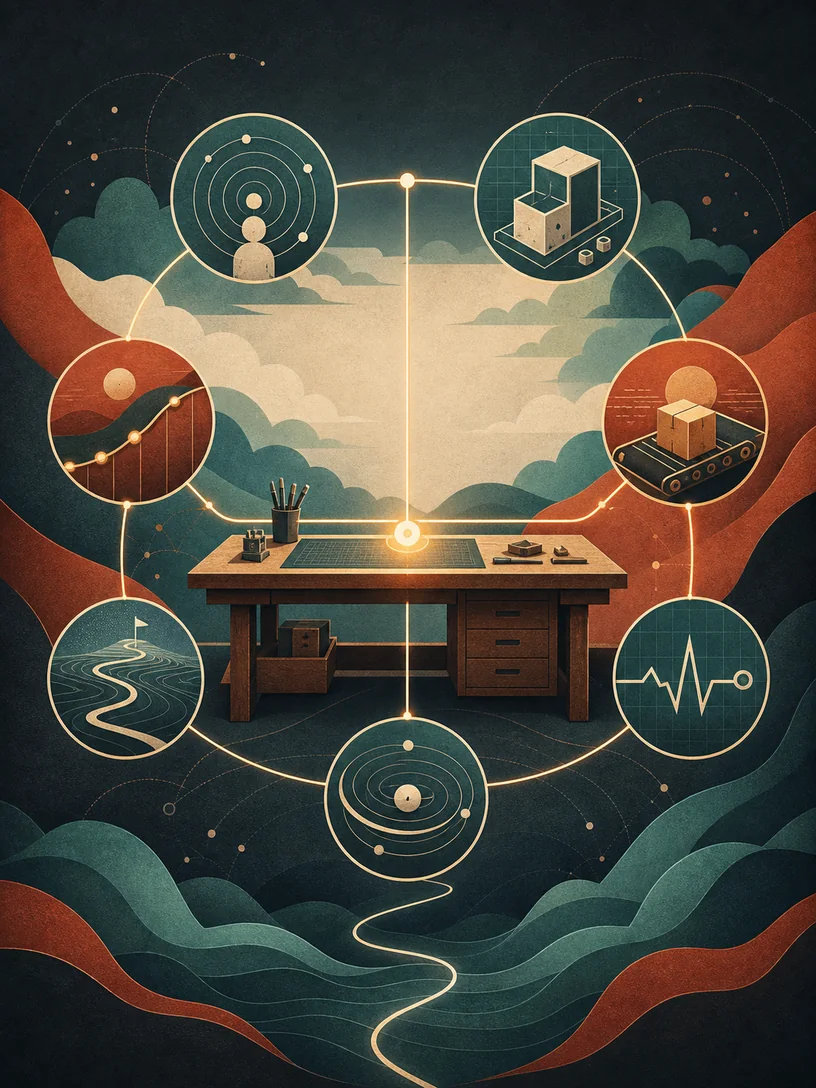 A focused workbench connected to customer, product, shipping, operations, and learning loops.
